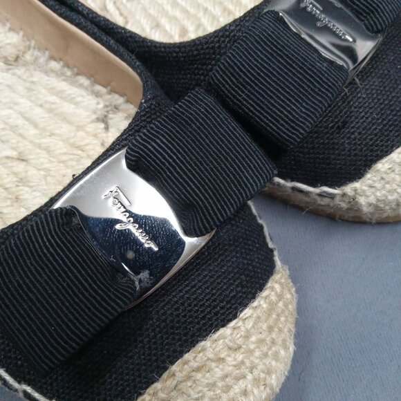 Salvatore Ferragamo Black Canvas Espadrille Ballet Flats LOGO Bow US 9M Spain - Picture 7 of 12